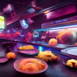 futuristic tempura food, night, japanese, neon light, volumetric smoke, volumetric light, octane render, food commercial, Filmic detailed matte painting, deep color, fantastical, intricate detail, splash screen, complementary colors, fantasy concept art, 8k resolution trending on Artstation Unreal Engine 5, no-signature, no-watermark