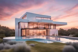 luxury house seamlessly integrated into cloud with pastel hues during sunset, modernist architecture, casting warm sunlight on the structure, emphasizing its sleek design and blending with the natural surroundings, Architectural photography, real photography, photo real