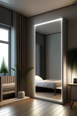 Bedroom with Vertically rectangular standing mirror with white led lights around it. Background should be a bed