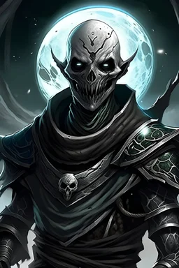 Aetherborn from Dungeons and Dragons med Ash like skin and a mask with Dark Moon symbolism on it.