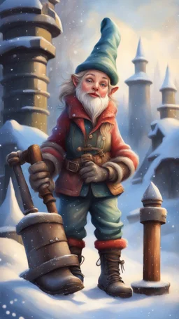 postcard portrait of bard post man sexy gnome woman with old boots, sledge hammer and chissel in the snow garden holding a tower fortification, magazine cover illustration with oil paint and spray paint, signed, bokeh like, down-light, unreal engine, prize winning