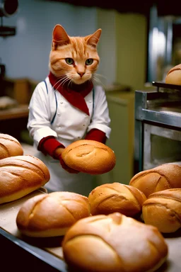 Portrait photo of an anthropomorphic baker cat at a bakery baking rustical bread, Fuji Velvia 50 film 4 HD