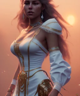 Gipsy, beautiful, curvy body, white fabric dress, beautiful long hair, bandana covering head, long earings, head and shoulders portrait, holding tarot card, 8k resolution concept art portrait by Greg Rutkowski, Unreal Engine 5 volumetric lighting