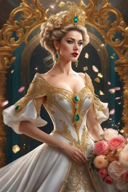 Queen wearing a magical gown of swirly flowing marble water gold filigree curlicues, flowering flowers, bloom, sparkle, ornamental gilt, diamonds, rubies, emeralds, sapphires, beautiful, delicate, intricate, elegant, graceful, shiny, Hyperrealism, Rococo, expressive, spherical, zoom out, volumetric lighting