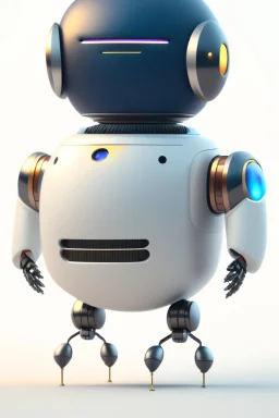 Full portrait of a funny robot. minimalistic robot, oval body, floating in the air, no legs, happy face, digital eyes, awesome Pose, Character Design By Pixar And Hayao Miyazaki, Unreal 5, Daz, Octane Render, Dynamic Lighting, Volumetric lighting, Cinematic