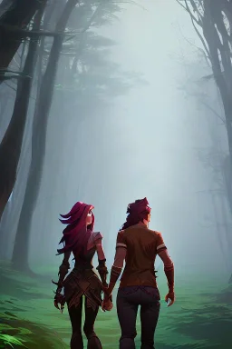 Deux personnes marchent dans magnifique forêt fantaisie décor mystique, Jeune homme grand musclé cheveux très longs bruns bouclés en queue de cheval, habillé en bûcheron, jeune femme petite fine magnifique cheveux longs roux, couleurs vibrantes, hyper réaliste