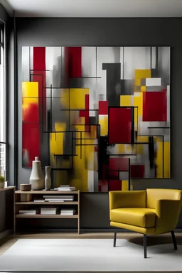Craft a hand-painted wall mural portraying an abstract cityscape using rectangles, fusing urban geometry with bold, vibrant colors. Steel grey, crimson red, mustard yellow, charcoal black.
