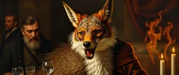 close up portrait painted by Rembrandt, stupid looking fire breathing dragon fox at banquet