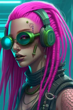 mermaid cyberpunk some fish scales on face pink hair dreadlock sunglasses