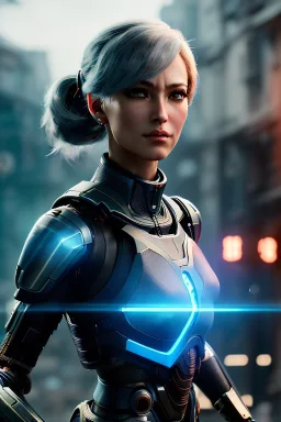 Middle age female Cyborg anime warrior, orange eyes, gray hair with dark blue hair, ponytail hairstyle, waist up portrait,4k resolution, intricate details, ornate details, soft lighting, vibrant colors, retroanime, masterpiece, intricate eyeliner, dark eyeshadow, futuristic cityscape background