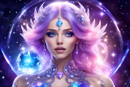 beautiful bright fairy cosmic women with cosmic hair, crystal jewel and dressed with a magic crystal suit