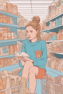 In the music video, a 23-year-old woman with brown/blonde hair and bright blue eyes. she has a messy bun. Standing in the freezer section of a supermarket. She is sitting in a cosy sofa with a small table next to her and a lamp. Reading a book. you can see it is cold. Wes anderson style. People are shopping near her. The freezers are behind her. There is only one book. You can see the shoppers next to her. The colors are green and orange. It is a happy vibe. she stands in between the products.