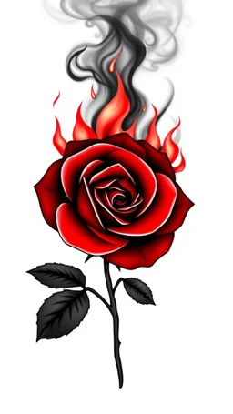 a rose where the stem and leaves(black) is made of smoke, and the flower(red) is made of flame shapes that spiral in the middle, vector in a tattoo style