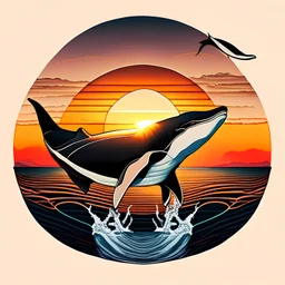 Singular orca, beautiful, sunset, centered, yacht, hand-drawn, asymmetrical