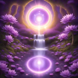 Fractale divine, connexion extrêmement synthétique entre ce qui se passe en haut et ce qui se passe en bas, arc de cercle de glycine violette, brillamment éclairé par les rayons d'un soleil couchant sur un ruisseau bordé de fleurs de lotus violets et une cascade au loin que le le ciel nocturne Jette Son regard rêveur, au milieu des fleurs violettes éclatantes du printemps, l'esprit de l'énergie de la sphère Céleste, auréole dorée. Haute pureté. art numérique très détaillé, bel art numérique déta