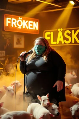 a very fat swedish girl, with skimask with called "Fröken Fläsk" performing at dance club, her name is "Fröken Fläsk" piglets On stage, yellow Neon lights and smog, and "FRÖKEN FLÄSK" big sign on the wall, she singing with mic, text in swedish! no translate mr. stable ai