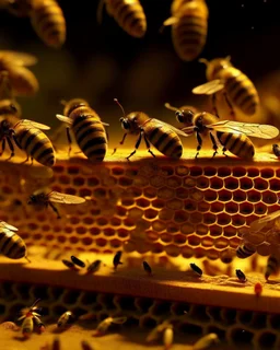 bees flutter over the hive, behind there is a honey yellow background and honeycombs