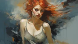 Athletic Petite Pale Russian Redhead Woman 30yo, Long Eye Lashes, Eye Shadow, Eye Liner, by Robert McGinnis + Jeremy Mann + Carne Griffiths + Leonid Afremov