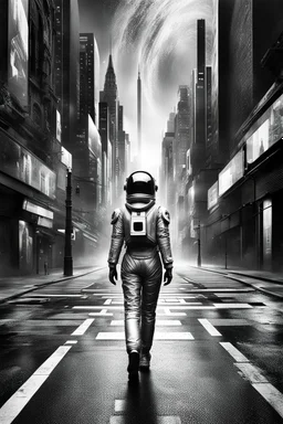 picture from a grayscale cityscape. In the middle a human walking in irridescent space suit on the street, a color step transition 3d figure , high contrast between her and the black and white space, enhancing the contrast between her and city, ultra quality, high digital illustration, cinematic, sci-fi, surreal, dystopian atmosphere, stunning