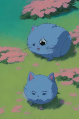 Blue and orange chibi pixar cats with big lifelike eyes and flowers