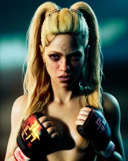 portrait, Shakira, blonde artist, angry, Realistic image, MMA robe, hoodie, mma gloves, band aid, loose long hair, eyes make up, face thunder gold make up, circle iris. moisture sweat, fog, Neon colors, leds. Dark background, photo studio, concept art, smooth, unreal engine 5, god lights, ray tracing, RTX, lumen lighting, ultra detail, volumetric lighting, 3d, finely drawn, high definition, 4k.