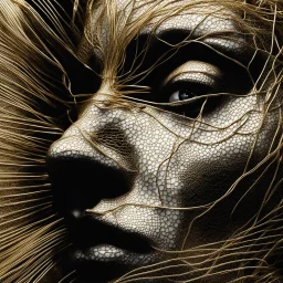 Woman face made of golden metal wires