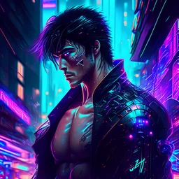 Jin kazama of a cyberpunk-inspired metropolis, featuring neon lights, holographic advertisements, and a bustling, futuristic atmosphere. Incorporate elements such as augmented reality interfaces, advanced robotics, and cybernetic enhancements, susanoo