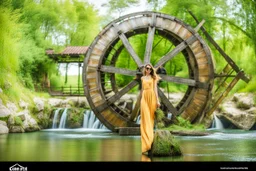 wide angle shot of golden wheat field next to river ,a watermill on river, a beautiful girl in pretty long dress walking in