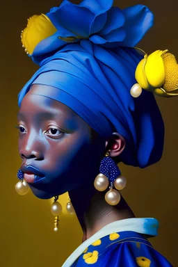 Afro girl with pearl earring painting by Vermeer, in the style of appropriation artist, strong facial expression, flowers, space cosmic, asymmetry, Photography ,photorealistic , cinematic elegance, golden age aesthetics nostalgic subjects , craft the composition to highlight the girl's innocence ,natural light , natural features, highly detailed , accent blue navy --ar 12:17 --q 1 --s 250 --v 5.1