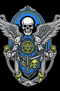 A coat of arms featuring the angel of death, and science fiction weapons