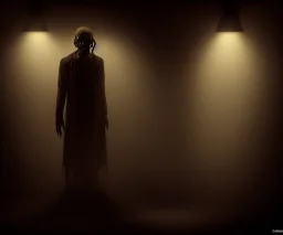 A possessed deadite man stands angrily in a dimly backlit basement in the style of Seb McKinnon, 4K, hyper detailed, ominous