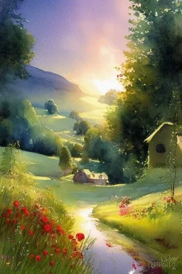 a beautiful night in the swedish countryside, watercolor painting by vladimir volegov