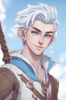 create a male air genasi bard from dungeons and dragons, blue tattoos, pointed ears, slight smile, white short hair, undercut, light blue eyes, wind like hair, sky blue jacket, digital art, high resolution, strong lighting