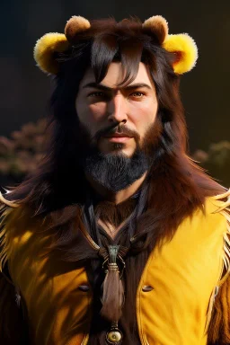 Human Male Druid character, bear ears, brown hair, long hair, wild hair, yellow eyes, scars on body, waist up portrait, 4k resolution, intricate details, ornate details, soft lighting, vibrant colors, retroanime, masterpiece, natural background, fae
