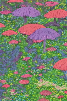 psychadelic garden, during a gentle rain, with mushrooms