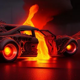 volumetric sweeping view of detailed phong shaded rendering of a car made of only molten lava, headlights, bumpers, whole car is lava