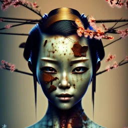 an abstract painting of rusted metal and japanese cherry blossoms, Geisha portrait, rust, scaffolding, iron cladding, decay, mixed media, textured, anatomically correct, beautiful perfect face, sharp focus, highly detailed 8k