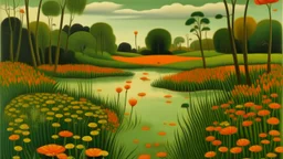 An olive green wetlands with fiery orange flowers painted by Henri Rousseau