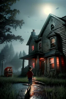 Realistic scene of monster house. Night, fog. highly detailed, concept art, smooth, unreal engine 5, god rays, ray tracing, RTX, lumen lighting, ultra detail, volumetric lighting, 3d, finely drawn, high definition, high resolution.