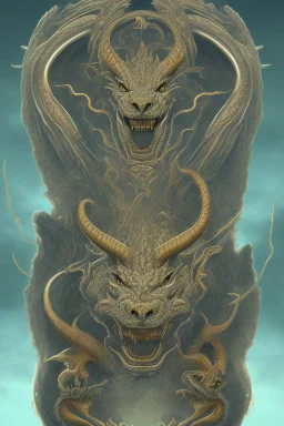 A three-headed dragon. The head on the left is the head of a lion, the head in the middle is the head of a man, and the head on the right is the head of a bull