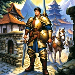 fantasy 90's tcg art of a heroic town guard