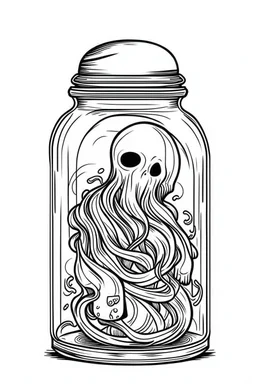 spooky ghost stuck in the jar idea, line art, background, vector, svg, black outline on white background, leave plenty of white space beetween lines for coloring, tattoo style, tattoo idea,full body, minimalist