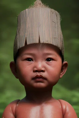 Thailand baby head portrait, warrior costume, village, meditation, woods, cyberpunk, 8k quality