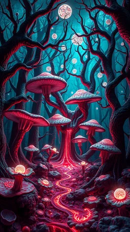 Quintessential Horror Surrealism:A hand , dimensional fission through Seedream 3D recursive rendering, fracturing into chaos Legion Doodle simultaneous nightmare realities while simultaneously occupying four perforated reality levels—manifests as a blood-drenched forest where trees weep crimson sap and bioluminescent fungi pulse with recursive Fibonacci patterns, surrounded by carnivorous flowers with fanged mouths dripping neon venom; mat