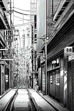 Tokyo alley, line arts, greyscale