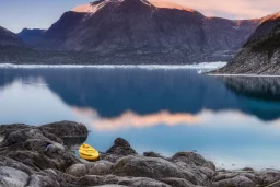 highly detailed glacial lake landscape, sunset, cinematic lighting, 4k, 8k, octane render, trending on 500px, pinterest, extremely detailed, ambient lighting, single frame, small fiberglass sea kayak on rock pebble beach in foreground, norway