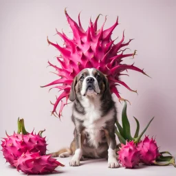 A dog sitting in front of a dragon fruit on a light background for removal