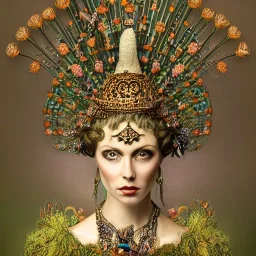 portrait of woman queen of peacocks, stunning, beautiful, gorgeous, realistic, photo illustrative, ornate, 8K resolution, high-quality, fine-detail, digital art, detailed matte, brian froud, howard lyon, selina french, anna dittmann, annie stokes, lisa parker, greg rutowski,