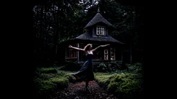 slim nymph dancing in a woodland clearing, with a gothic woodland house behind her.