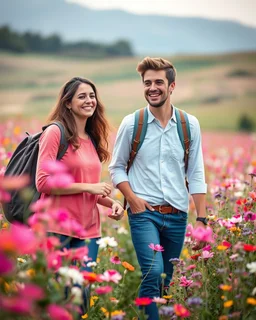 young sweet couple bagpacker happy walking and smiling in Realistic photography of a field of wildflowers, soft natural lighting, vibrant colors, intricate details,peaceful and serene atmosphere.